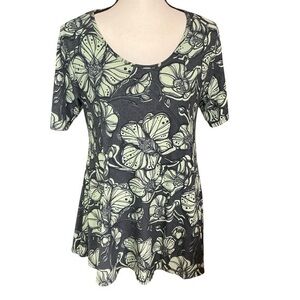 LuLaRoe Perfect Tee Shirt Gray and Green Floral Print Short Sleeve Oversized Top